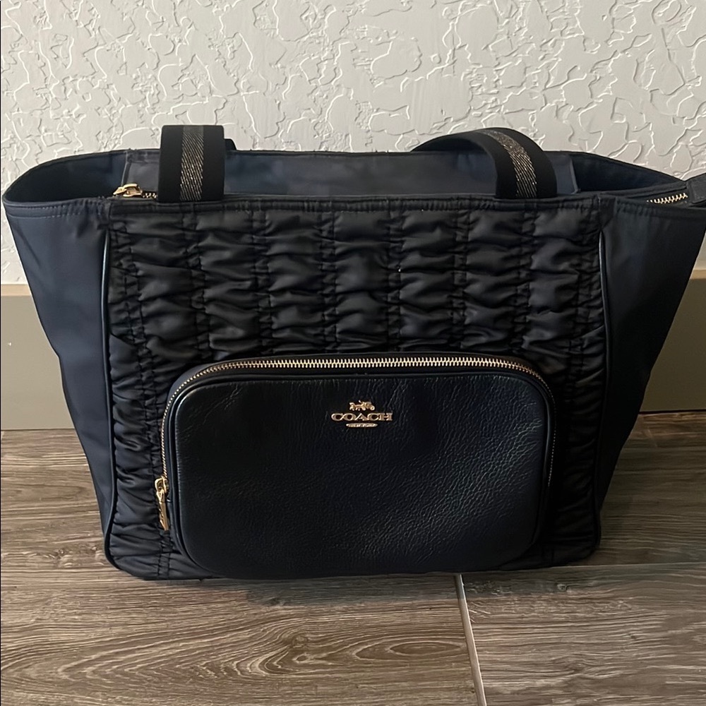 Coach Navy Blue Quilted Tote Bag with Gold Accents